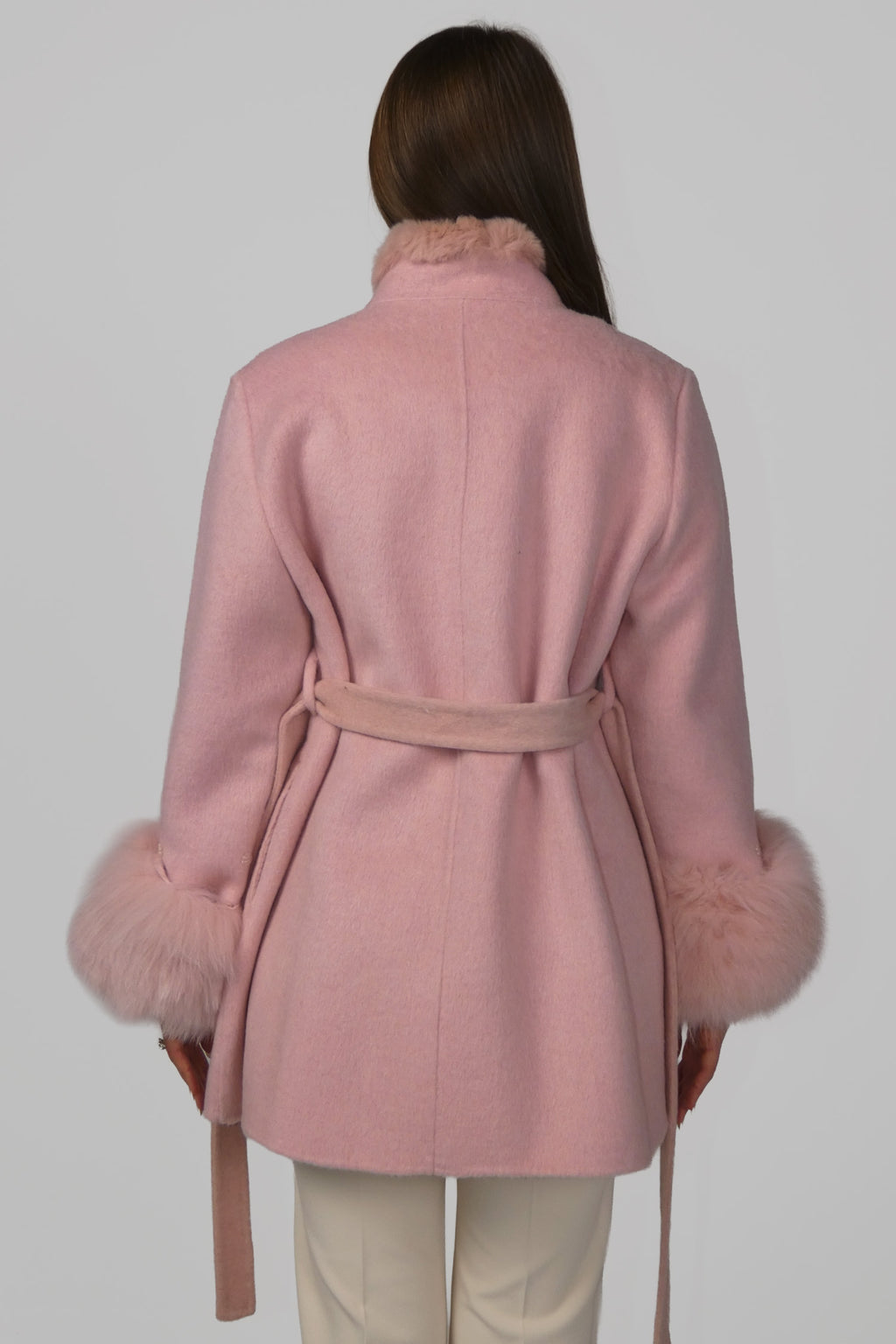 Back view of a pink fur coat