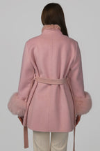 Back view of a pink fur coat