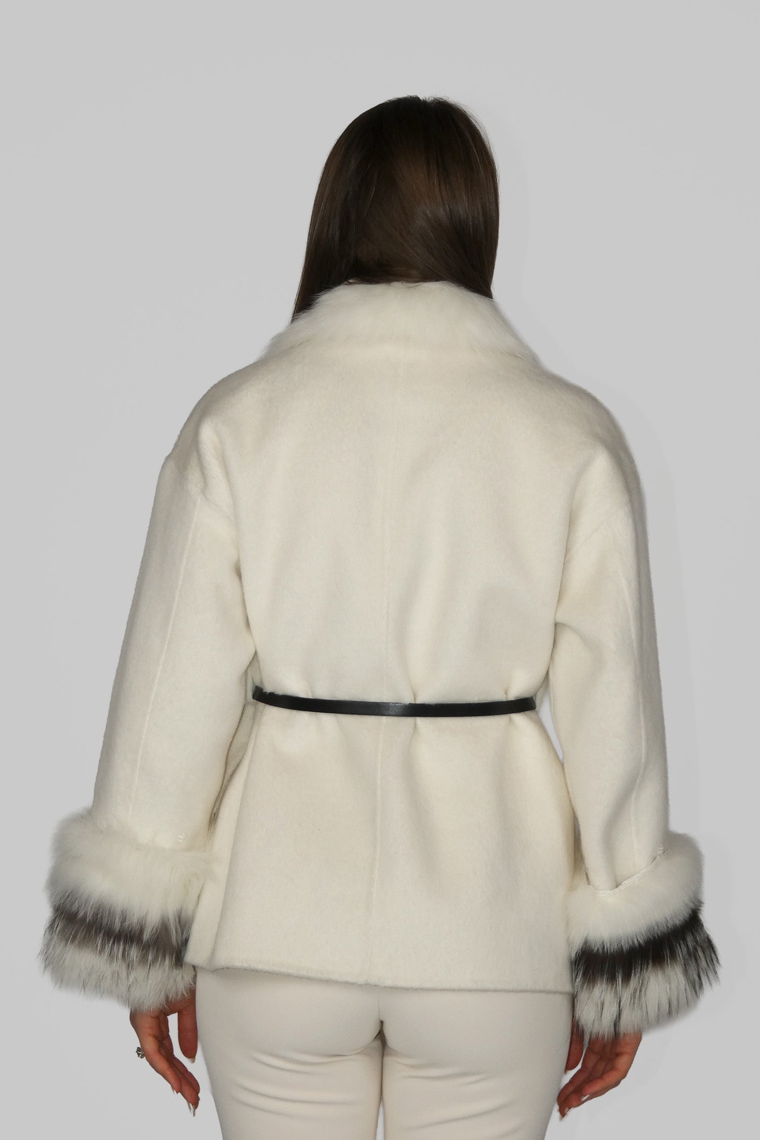 Back view of a white belted coat